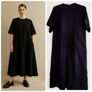 Sara Lanzi Black Sculpted Midi Dress Beaded Sleeves Size L